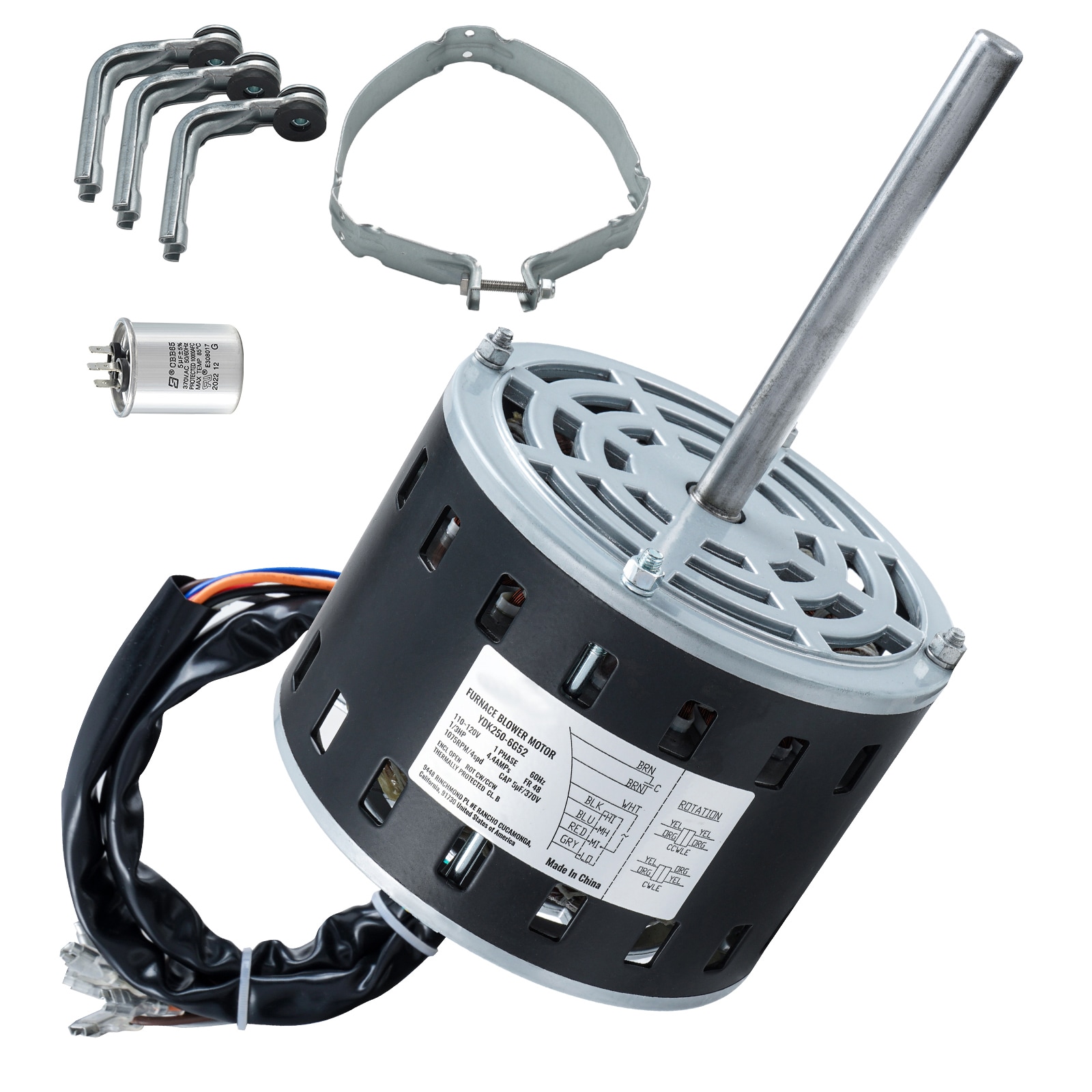 1/3HP Furnace Blower Motor, 110/120V 4.4Amps, 1075RPM 4 Speeds, CW/CCW Rotation, 48 Frame 5.2" Shaft Length, 5μF/370V Capacitor + 11" Hold Hoop